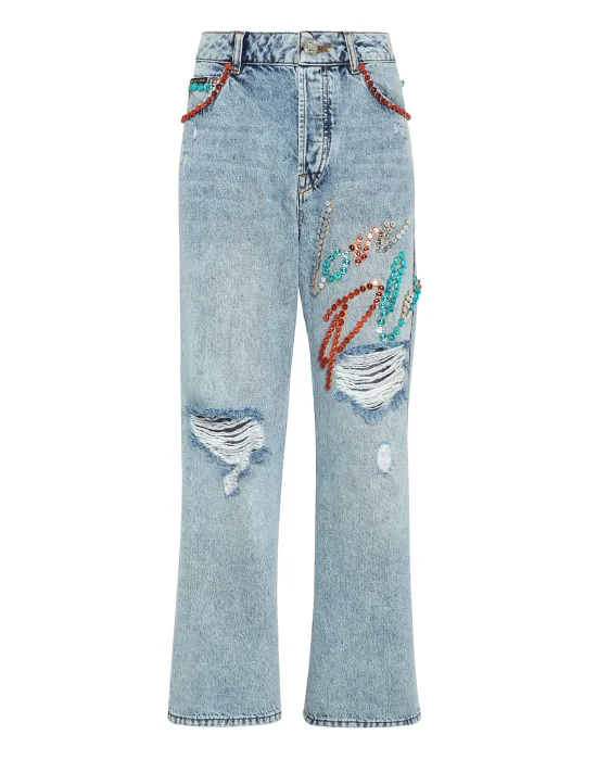 Denim Trousers Super Loose Fit Studs with Crystals