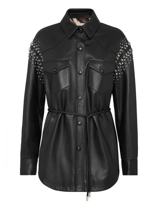 Leather Shirt Dress with Crystals