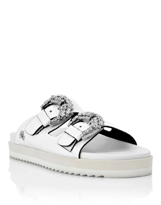 Leather Sandals Crocco Print Skull