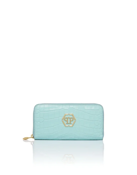 Croco Embossed Round Zip Wallet