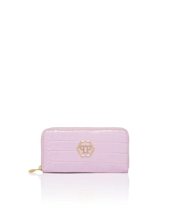 Croco Embossed Round Zip Wallet