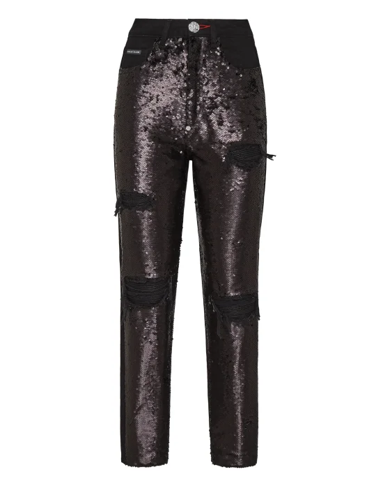 Denim Trousers Boyfriend Paillettes