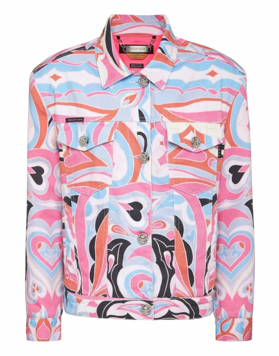 Denim Shoulder Padded Jacket Colorful Circus