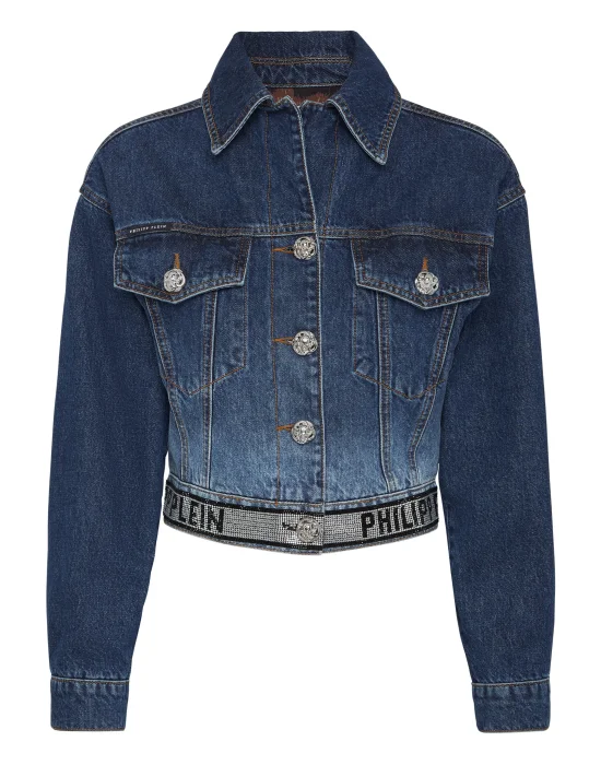 Denim Cropped Jacket Crystal