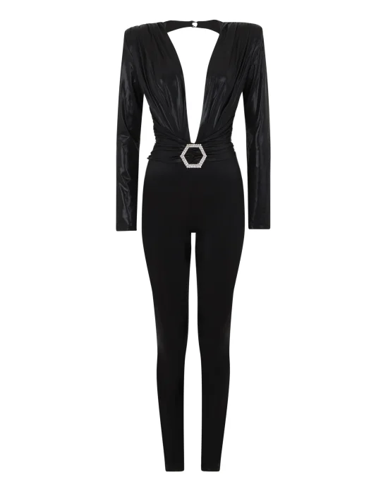 Padded Shoulder Lame Jumpsuit