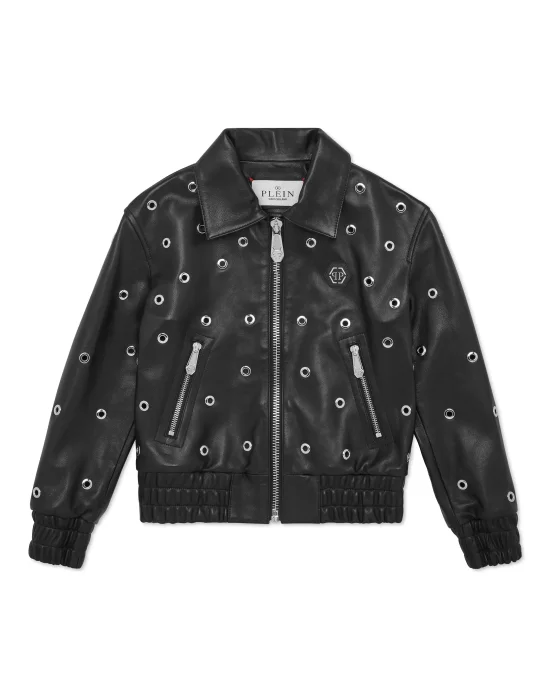Cropped Leather Bomber LS Eyelet