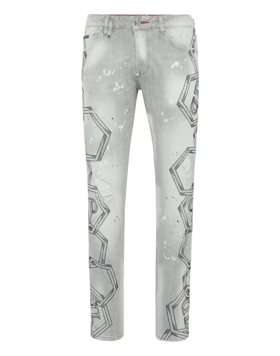Denim Super Straight Cut Trousers Strass Chains