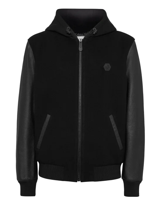 Hoodie Sweatjacket With Leather Sleeves Skull&Bones