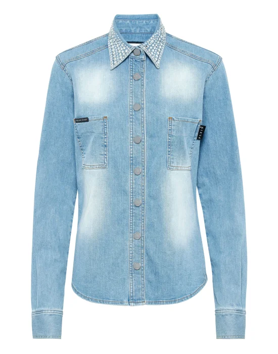 Denim Shirt Long-Sleeve With Crystal Collar