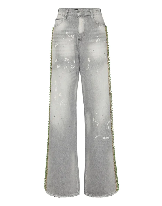 Denim Skater Fit Trousers Rib Strass