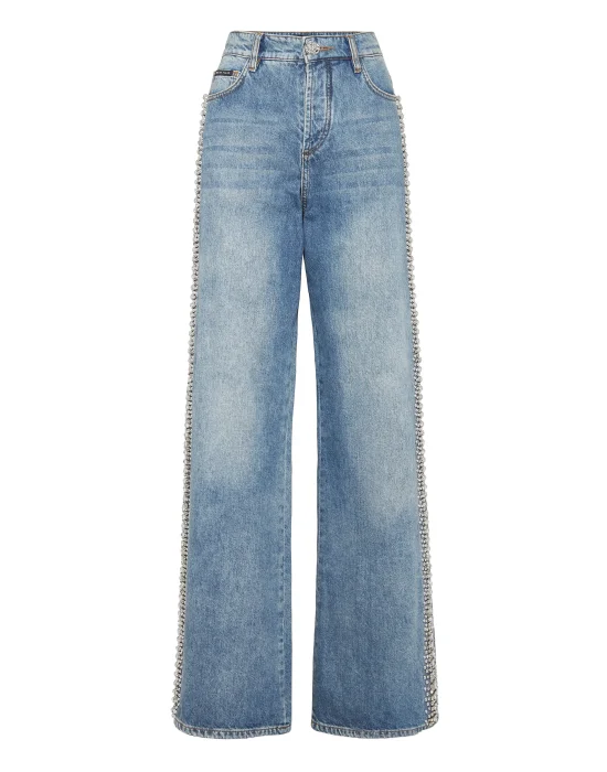 Denim Skater Fit Trousers Rib Strass