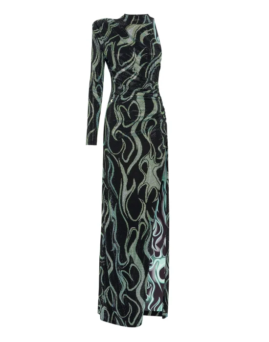 Jersey Strass Long Dress Mono Sleeve Flame