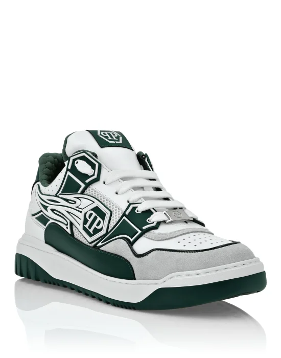 Mix Leather Lo-Top Sneakers Strass Hexagon