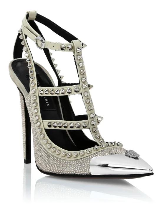 Leather Strass Sandals High Heels Studs
