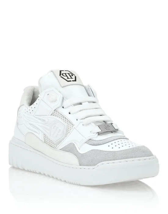 Mix Leather Lo-Top Sneakers Strass Hexagon