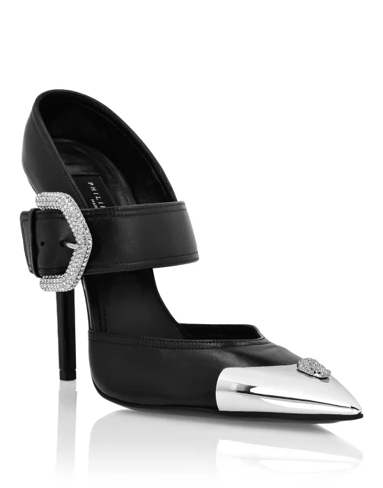 Leather Mule High Heels 12 Skull Strass