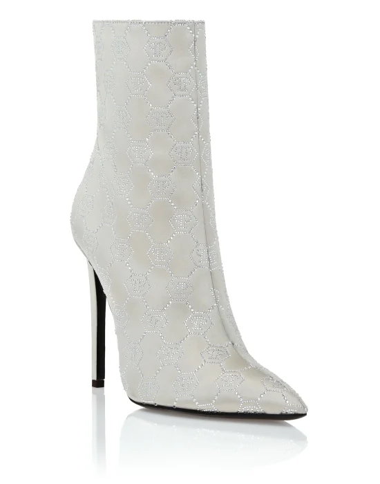 Satin Boots High Heels Mid Monogram Strass