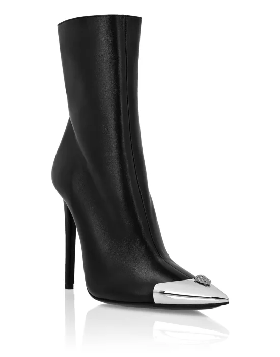 Leather Boots High Heels Mid Skull strass