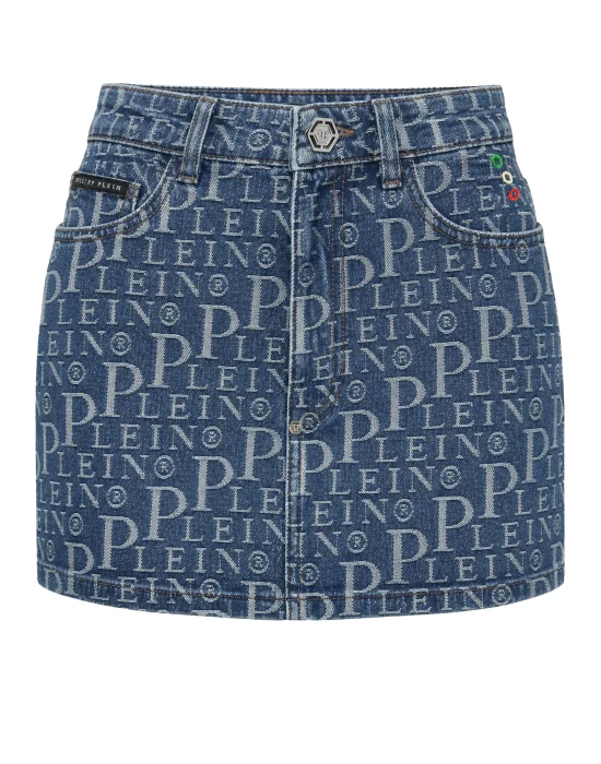 Denim Mini Skirt Diagonal Logo Laser