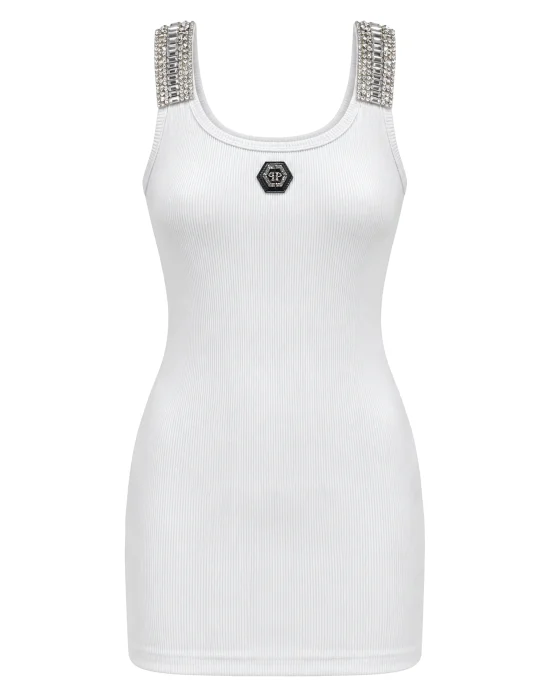 Crew-Neck Mini Dress Rhinestones Straps