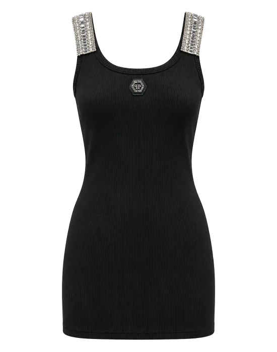 Crew-Neck Mini Dress Rhinestones Straps