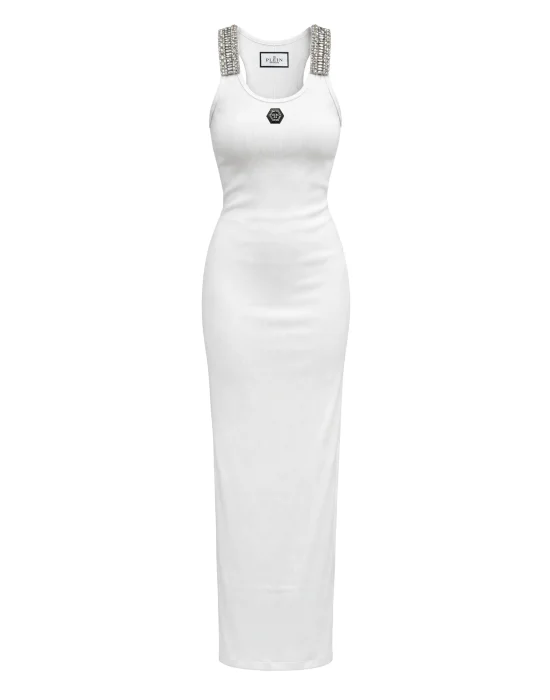 Crew-Neck Long Dress Rhinestones Straps
