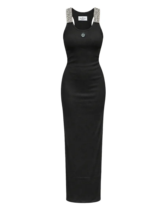 Crew-Neck Long Dress Rhinestones Straps