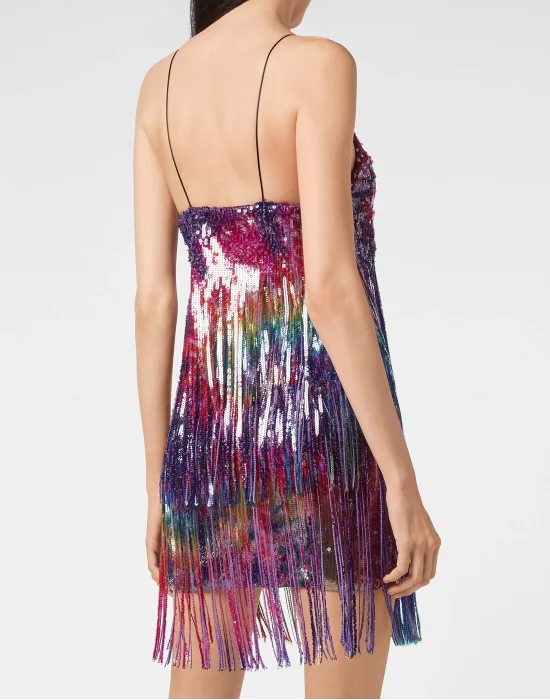 Short Dress Paillettes Fringe  Tie dye