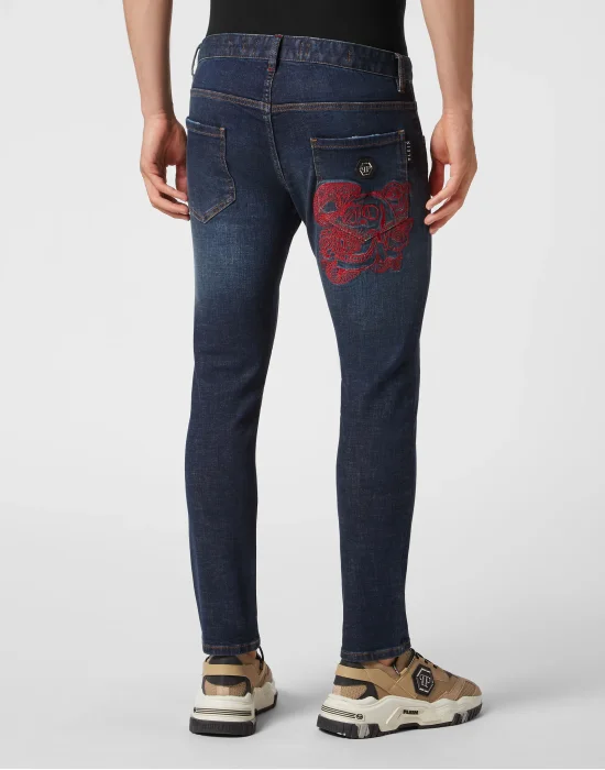 Embroidered Denim Trousers Skinny Fit Skull