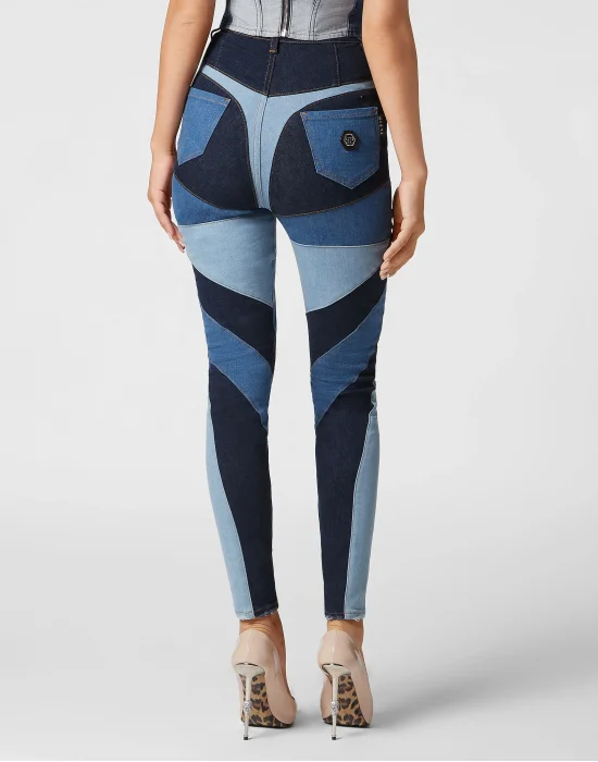 Denim Super High Waist Jeggings Patchwork