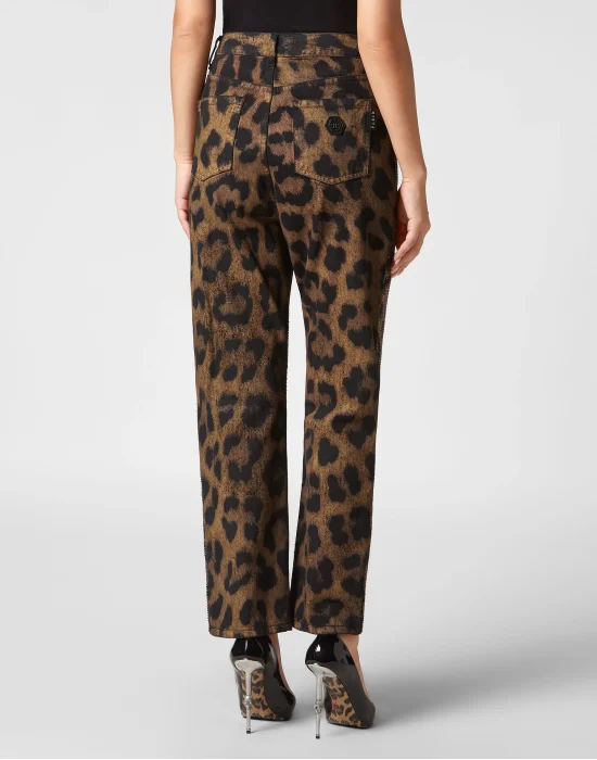 Denim Trousers Loose Fit with Crystals Leopard