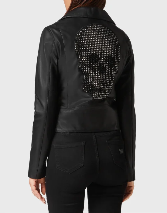 Leather Boxy Biker Jacket with Crystals