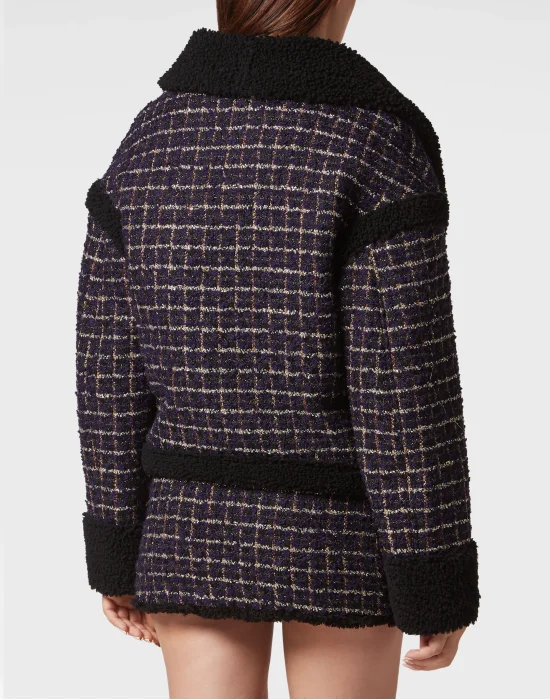 Tweed and Shearling Mix Coat Loose Fit Tartan