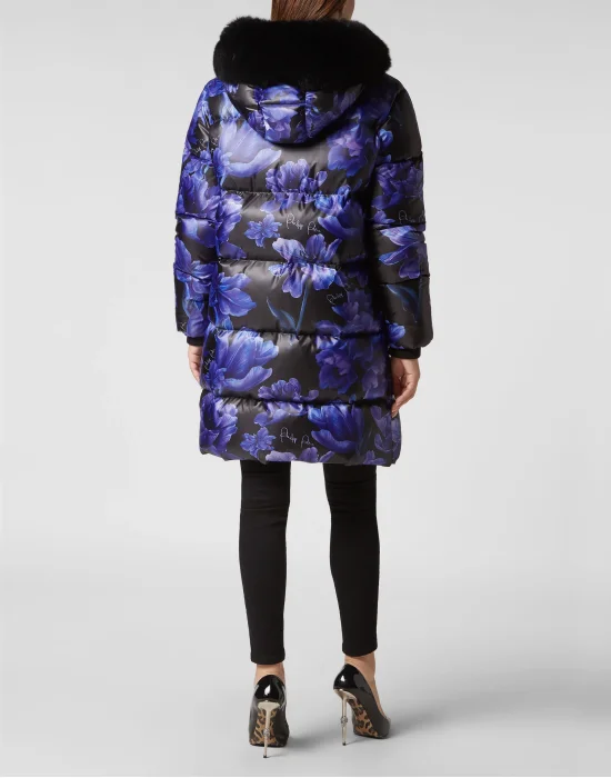 Nylon Parka with Fur Flowers