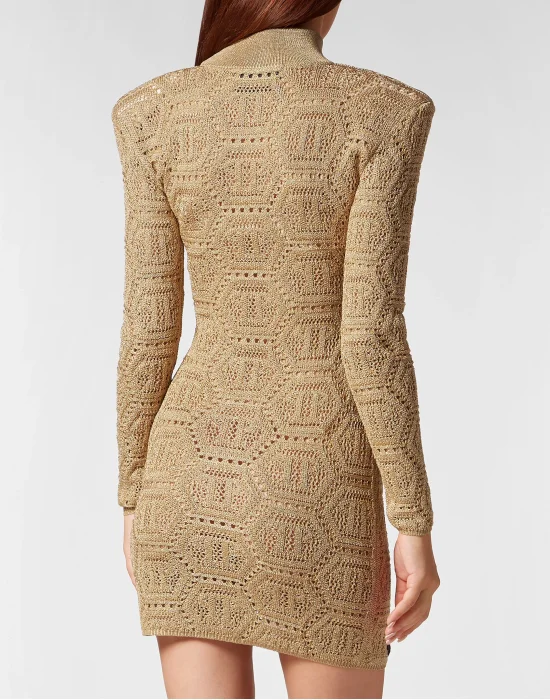 Lurex Padded Shoulder Mini Dress Hexagon