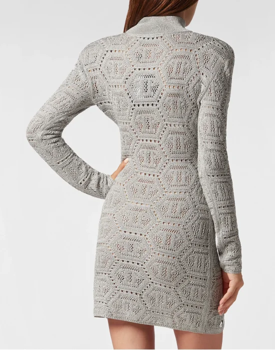 Lurex Padded Shoulder Mini Dress Hexagon