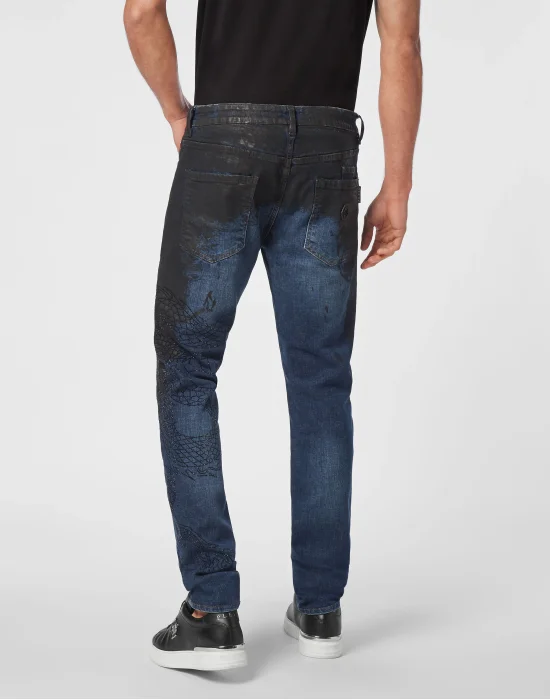 Denim Trousers Super Straight Cut Dragon Strass