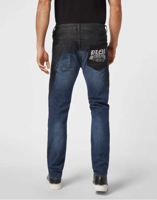 Denim Super Straight Cut Trousers Leather Pocket