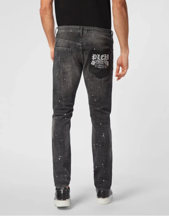 Denim Super Straight Cut Trousers Leather Pocket