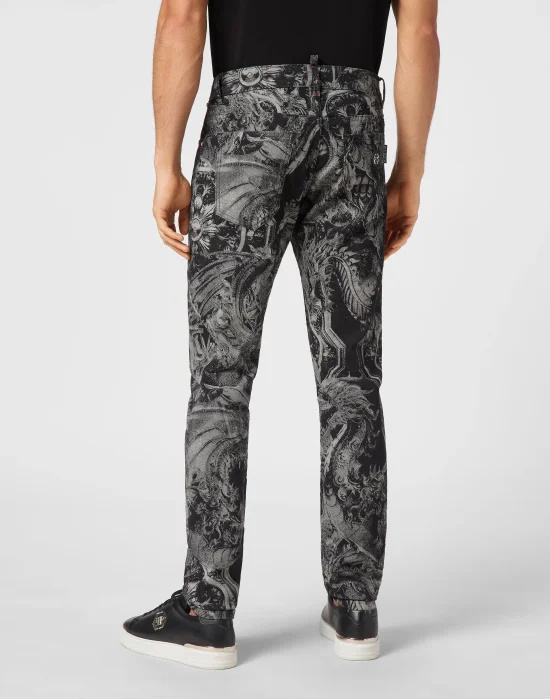 Denim Super Straight Cut Trousers Dragon Skull