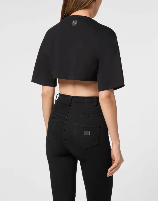 Cropped T-shirt Round Neck SS Strass