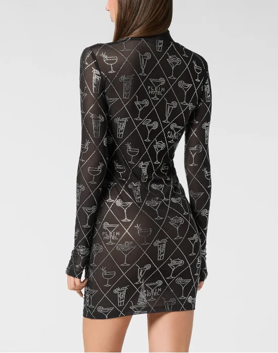 Tulle Long-Sleeved Mini Dress Cocktails Crystal