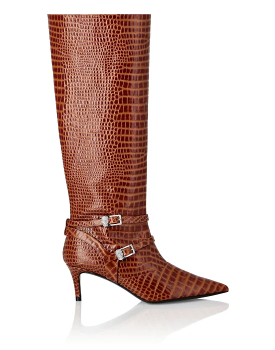 Low-Heel Strapped High Boots Cocco Print