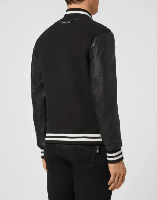 Slim Cut Wool And Leather Bomber Embroidery