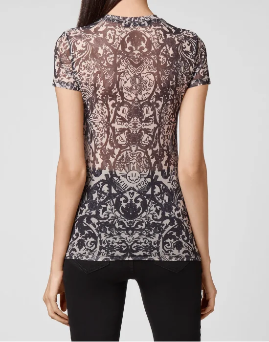 T-Shirt Round Neck SS Stretch Printed Tulle New Baroque