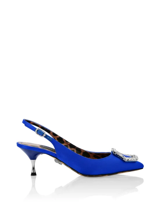 Satin Decollete Slingback Low Heels Crystal Hexagon