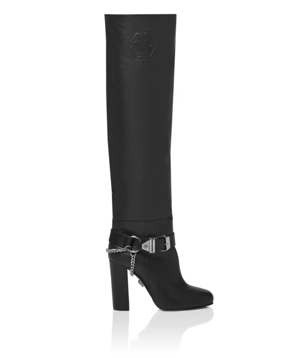 Leather Boots High Heels High Embossed Hexagon