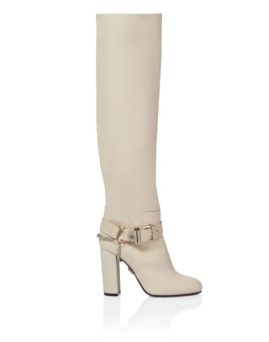 Leather Boots High Heels High Embossed Hexagon