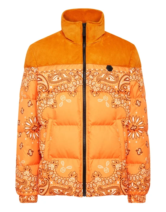 Nylon and Suede Down Jacket Paisley Bandana