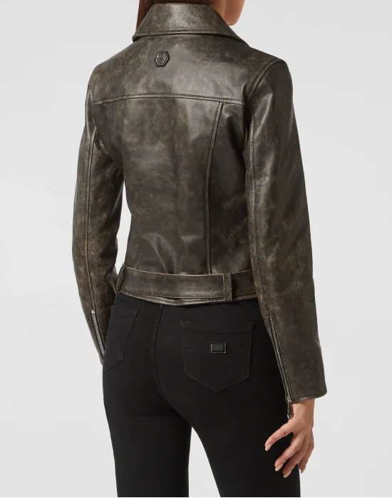 Shoulder Padded Leather Biker Jacket